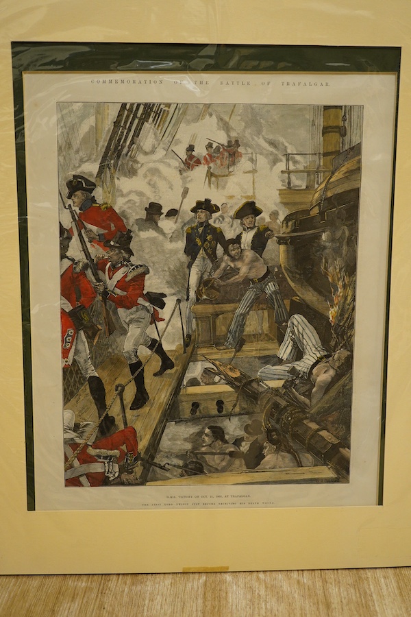 A quantity of 19th century unframed prints commemorating the Battle of Trafalgar and Nelson, many from the Illustrated London News to include ‘Ships of the British Navy’ and ‘HMS Victory on October 21st 1805 at Trafalgar